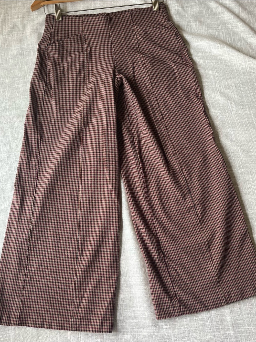 Gingham Wide-Leg Pixie Sailor Front Checkered Pants in Plum Burgundy & Espresso